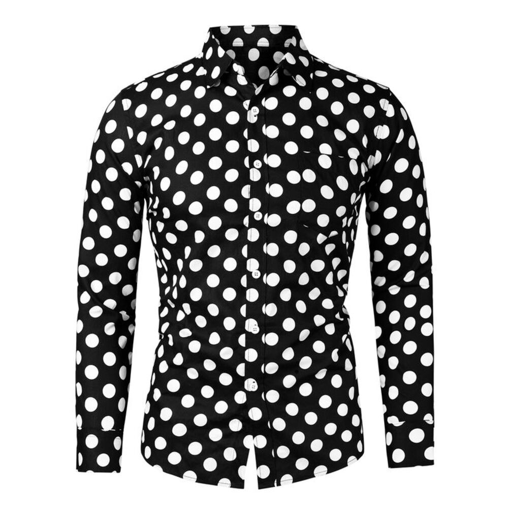 Black Shirts Polka Dots Long Sleeve Slim Fit Printed Dress Button Down Shirt